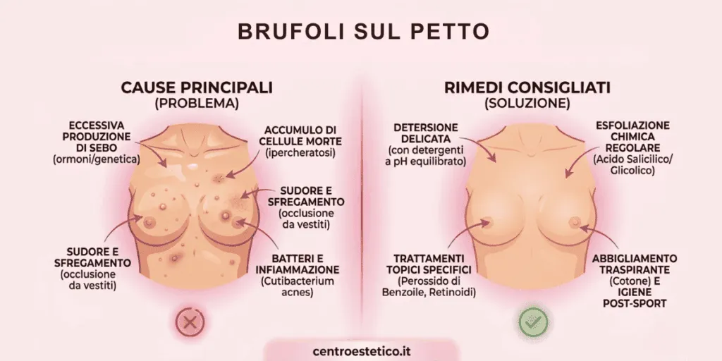 cause e rimedi brufoli sul petto infografica Infografica su cause e rimedi dei brufoli sul petto: confronto tra fattori scatenanti (sebo, sudore, batteri) e soluzioni consigliate (esfoliazione chimica, detersione delicata e tessuti traspiranti) - centroestetico.it