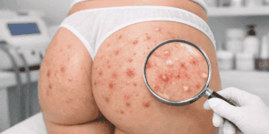 Brufoli sul sedere con follicolite e pustole infiammate osservate in un centro estetico professionale