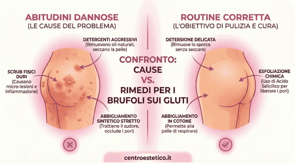 Guida pratica: come eliminare i brufoli sui glutei e prevenire le imperfezioni Infografica comparativa sulle cause e i rimedi per i brufoli sui gluti. A sinistra, le abitudini dannose: scrub fisici, detergenti aggressivi e abbigliamento sintetico. A destra, la routine corretta: detersione delicata, esfoliazione chimica con acido salicilico e abbigliamento in cotone.