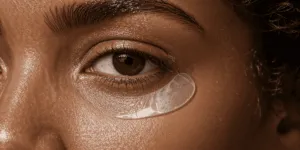 viso con patch illuminante sotto l’occhio come base per trucco permanente occhiaie e dermopigmentazione per occhiaie.