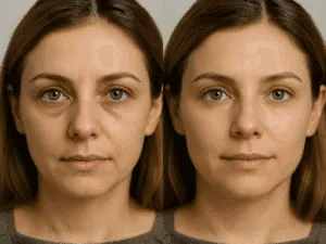Camouflage occhiaie prima e dopo – risultato naturale Confronto prima e dopo un trattamento di camouflage occhiaie tramite trucco permanente per coprire occhiaie.