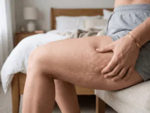 cellulite 1 stadio Donna seduta tocca coscia con cellulite