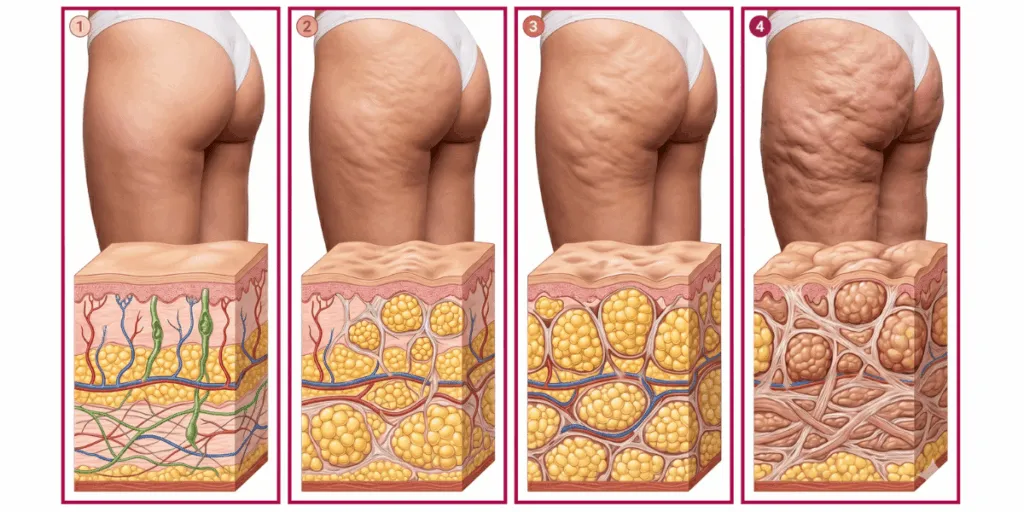 Quattro stadi della cellulite su glutei femminili