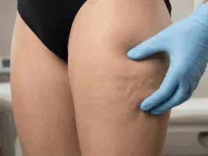 stadio cellulite Primo piano coscia con cellulite e mano guantata