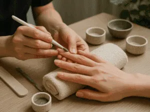 Trattamento P-Shine – applicazione pasta per manicure giapponese Applicazione della pasta P-Shine durante la manicure giapponese, utilizzando prodotti tradizionali del kit manicure giapponese.