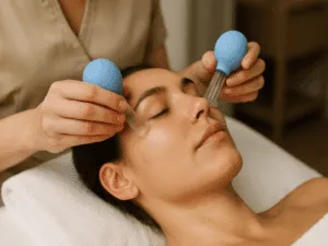Coppettazione viso professionale antirughe Trattamento di coppettazione viso con coppette blu per ridurre tensioni, migliorare tonicità della pelle e favorire il microcircolo.