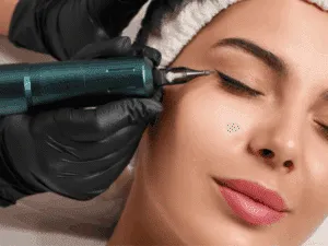 Applicazione dell’eyeliner grafico semipermanente in un centro estetico con dermografo professionale.