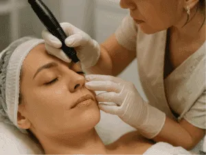 Dermopigmentazione occhiaie con dermografo professionale Professionista mentre effettua dermopigmentazione occhiaie con dermografo, tecnica di tatuaggio estetico occhiaie per uniformare il colore.
