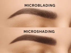 Confronto visivo tra microblading e microshading sulle sopracciglia: nella parte superiore tratti realistici “pelo per pelo”, nella parte inferiore sfumatura omogenea effetto cipria.