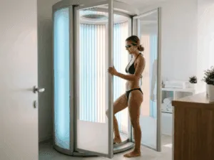 Donna che entra in una cabina di doccia solare a bassa pressione moderna in un centro estetico professionale.