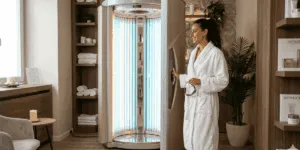 ragazza pronta per fare una doccia solare ad alta pressioone