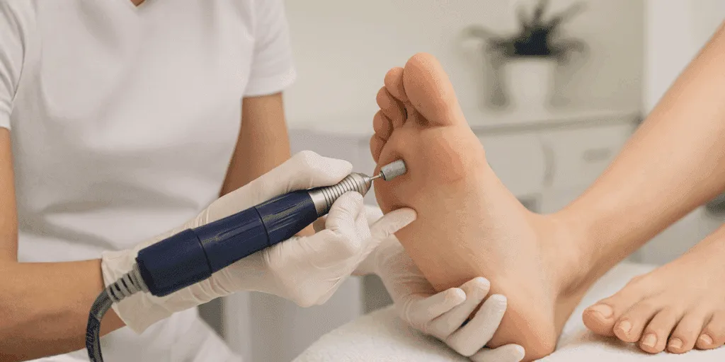 Estetista professionista esegue una dry pedicure su piede asciutto con fresa elettrica in ambiente moderno e pulito.