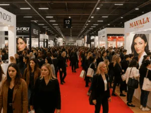 Eventi estetica e beauty 2026: le fiere più importanti per professionisti del settore Visitatori e professionisti del settore beauty durante una grande fiera di estetica 2026 con stand dedicati a make-up, skincare e nail art.
