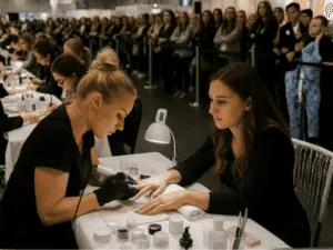 Fiera Unghie 2026: nail artist, tendenze e competizioni professionali Competizione professionale di nail art durante una fiera di estetica 2026, con onicotecniche al lavoro e pubblico di appassionati.