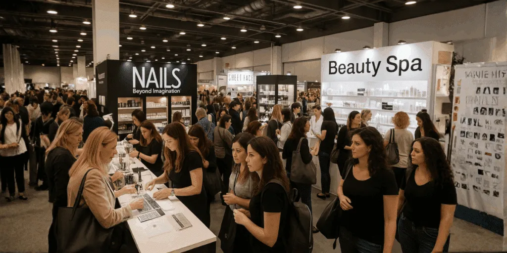 Visitatori e professionisti del settore beauty durante una fiera di estetica, con stand dedicati a unghie, make-up e trattamenti spa.