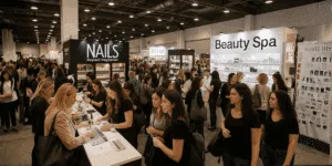 Visitatori e professionisti del settore beauty durante una fiera di estetica, con stand dedicati a unghie, make-up e trattamenti spa.