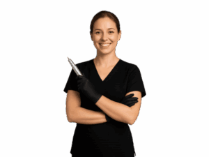 Estetista professionista con divisa nera e guanti, pronta per dimostrazioni durante le fiere di estetica 2026 in Italia.