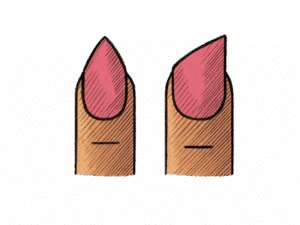 Disegno illustrato di due forme di unghie ricostruite, stile edge e lipstick, realizzate a mano con effetto sketch in tonalità rosa e beige su sfondo trasparente.