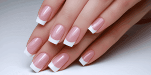 Unghie con french manicure classica, con base rosa naturale e punta bianca definita.
