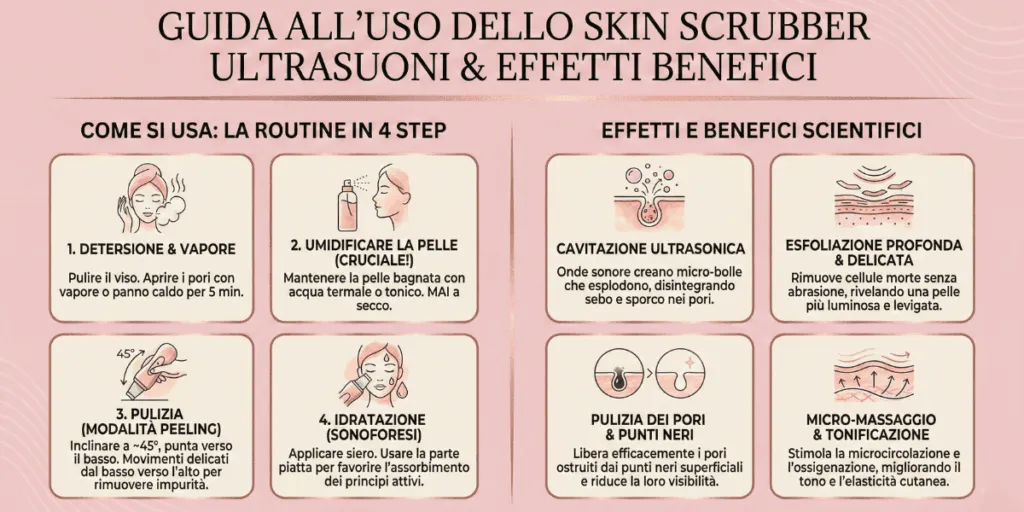 Come si usa lo skin scrubber infografica su come si usa lo skin scrubber e i suoi benefici