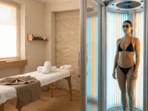 Inquadratura di una cabina solare ad alta pressione con pannelli in acciaio e vetro trasparente; all'interno una donna indossa occhialini di protezione neri durante la seduta di abbronzatura. Sul lato della macchina è visibile un display digitale e il logo del centro estetico in un ambiente curato e moderno.