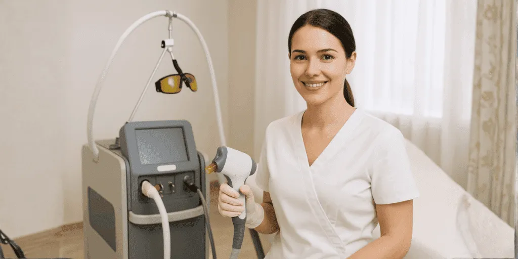 Operatrice estetica che utilizza un macchinario professionale per epilazione laser alessandrite in un centro estetico moderno.