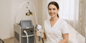 Operatrice estetica che utilizza un macchinario professionale per epilazione laser alessandrite in un centro estetico moderno.