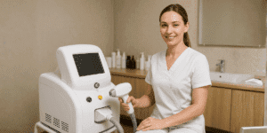 Professionista estetica con macchinario laser a diodo utilizzato per trattamenti di epilazione laser e depilazione definitiva.