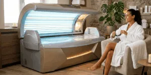 Una donna in accappatoio bianco si rilassa su una poltrona accanto a un lettino abbronzante professionale aperto in un centro estetico moderno. L'ambiente solarium è curato con candele, piante e un design elegante, trasmettendo un'idea di benessere e preparazione alla lampada lettino.