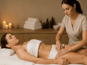 Massaggio linfodrenante professionale per drenaggio linfatico addome Operatrice che esegue un massaggio linfodrenante sull’addome con tecnica di linfodrenaggio manuale in centro estetico, trattamento drenante linfatico utile per ritenzione idrica, cellulite e benessere generale.