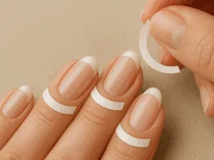 Applicazione di lunette bianche per realizzare una french manicure fai da te precisa.