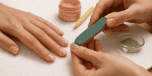 estetista mostra la tecnica di manicure giapponese sulla sua propria mano applicando la pasta p shine