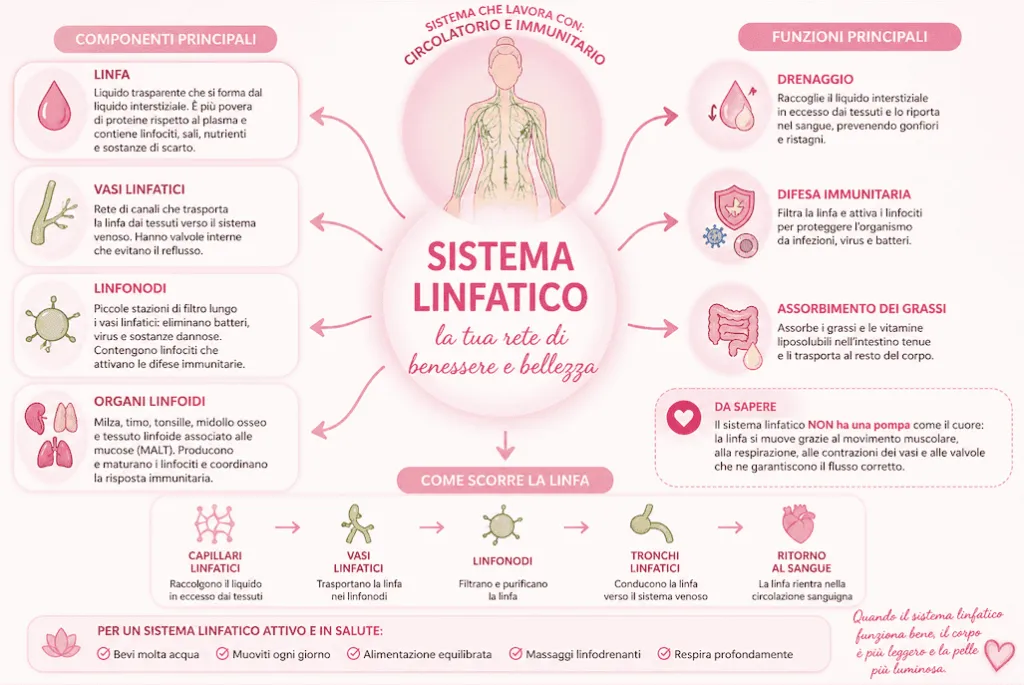 Infografica illustrata sul sistema linfatico e funzioni