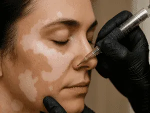 Micropigmentazione vitiligine – Procedura professionale sul viso Operatore che applica micropigmentazione su pelle con discromie per trattamenti di vitiligine.