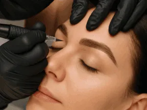 Tecnica di microshading per sopracciglia eseguita da dermopigmentista professionista con dermografo, per un effetto sfumato naturale e definito.