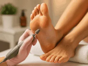 Estetista esegue una dry pedicure con fresa su piede asciutto, senza uso di acqua.