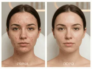 Risultati PRX-T33 su pelle acneica. Confronto prima e dopo di un ciclo di peeling PRX-T33 su pelle giovane con acne e imperfezioni cutanee.