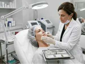 Medico esegue trattamento PLLA viso su paziente 