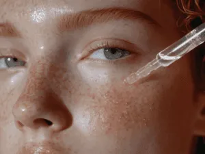 Applicazione di siero viso con attivi esfolianti durante la fase di purging della pelle
