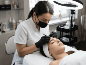 Dettaglio tecnico dell'allungamento delle sopracciglia eseguito con pinzette professionali applicando singoli peli sintetici per un effetto 3D.