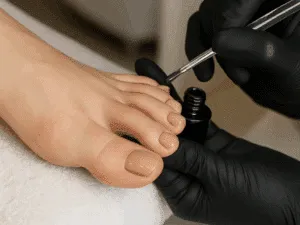 estetista applica gel nude per ricostruzione unghie dei piedi