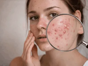 Dettaglio di brufoli e imperfezioni da skin purging osservati con lente di ingrandimento