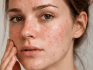 Pelle del viso con imperfezioni diffuse per confronto tra skin purging e irritazione cutanea