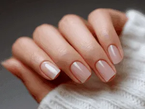 Mano con unghie curate e smalto naturale applicato sotto cuticola, risultato tipico della manicure russa.