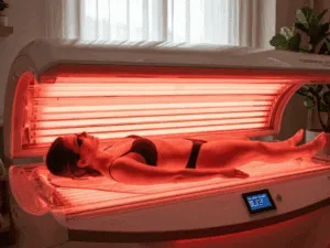 persona sdraiata in solarium con lampade al collagene durante trattamento estetico
