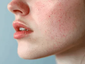 Primo piano di pelle arrossata con micro-imperfezioni tipiche dello spurgo della pelle