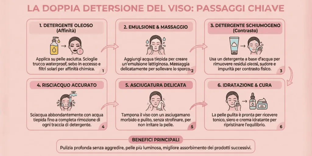 infografica con gli step per fare la doppia detersione viso