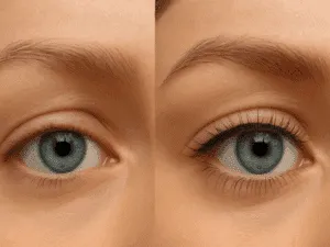 Confronto prima e dopo del trucco infracigliare semipermanente su occhio azzurro