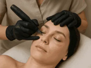 Tatuaggio estetico occhiaie in trattamento professionale Applicazione di tatuaggio occhiaie tramite dermopigmentazione per eliminare le discromie scure