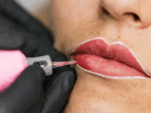 Trattamento di tatuaggio semipermanente labbra con dermografo professionale: la specialista definisce il contorno e il colore con precisione millimetrica.